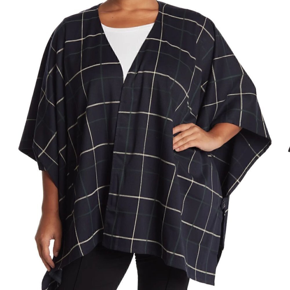Pleione Women's One Size Plaid Poncho Cardigan Navy Blue